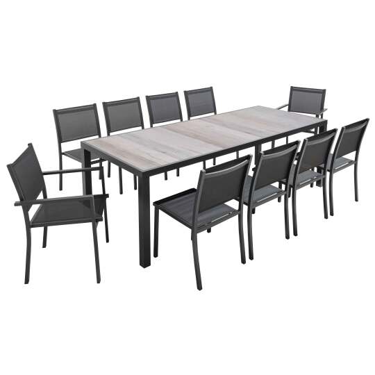 Gartentisch aus Aluminium und Keramik in Holzoptik, 230x95 cm, und 10 Stühle aus Textilene | Oviala