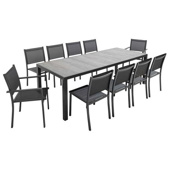 Gartentisch aus Aluminium und Keramik mit gewachstem Betonoptik, 230x95 cm, und 10 Stühle aus Textilene | Oviala
