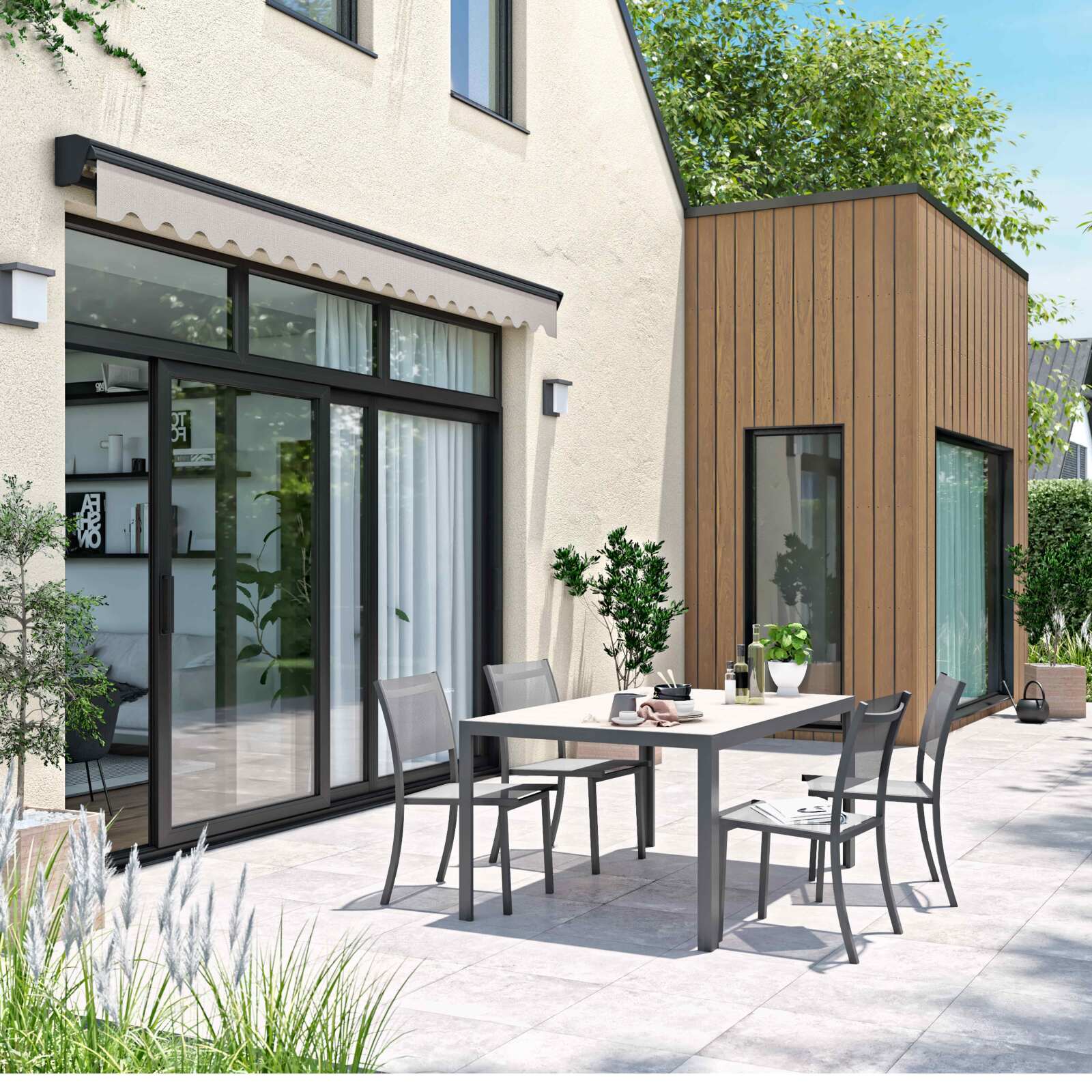 Motorisierter Markisenbanner mit halbintegriertem 3 x 4 m Kofferraum 