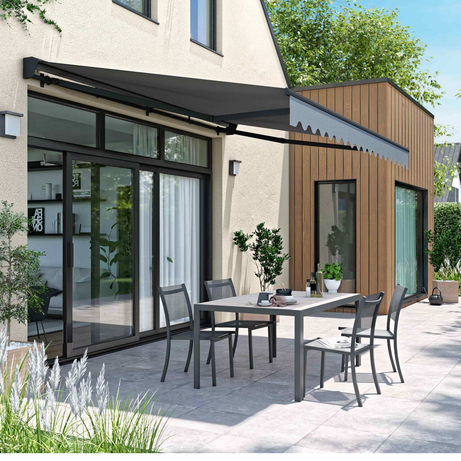 Motorisierter Markisenbanner mit halbintegriertem 3 x 4 m Kofferraum 