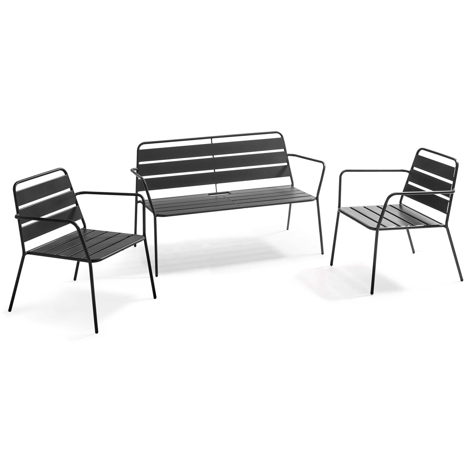 Metall-Gartenlounge-Set mit 2 Sesseln und 1 Bank Metall-Gartenlounge-Set mit 2 Sesseln und 1 Bank