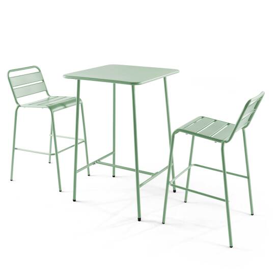 Garten-Hochtisch im Bistro-Stil, quadratisch, aus Metall, 70x70 cm, und 2 Hochstühle | Oviala