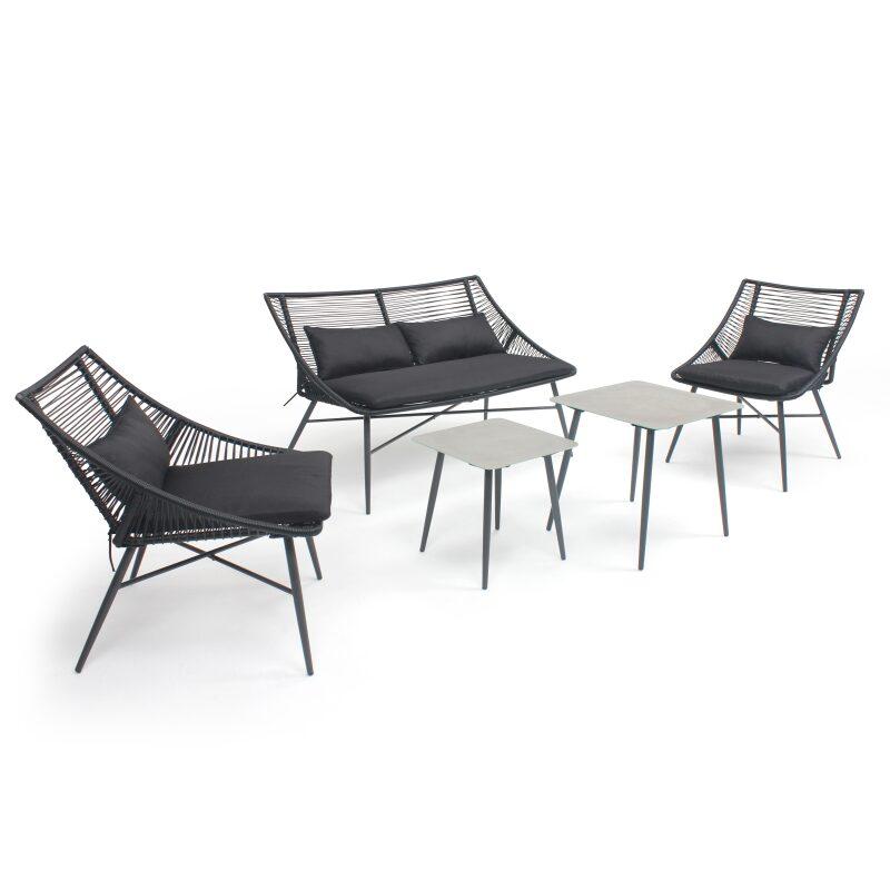 Gartenlounge-Set aus Seilen mit 1 Sofa, 2 Sesseln und stapelbaren Beistelltischen 