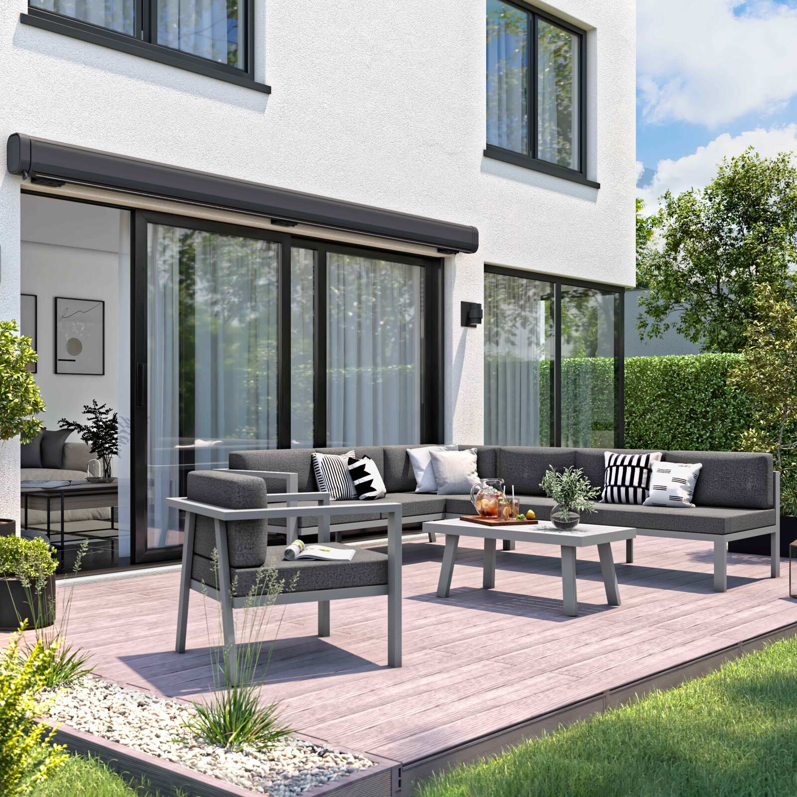 Elektrisches Markisenbanner mit LED und integrierter Box 3,95 x 3 m  Elektrisches Markisenbanner mit LED und integrierter Box 3,95 x 3 m