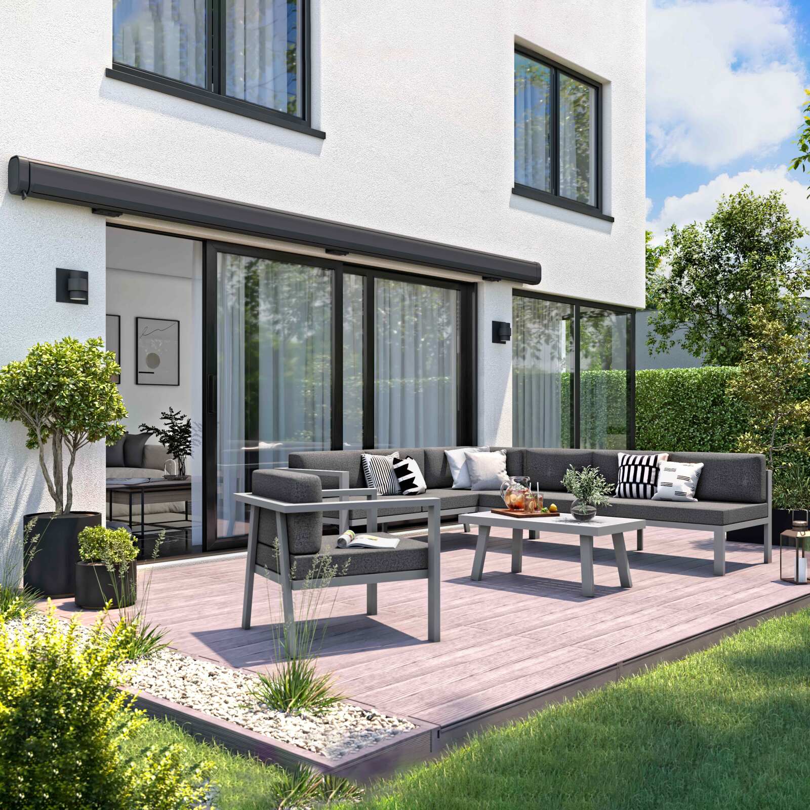 Elektrisches Markisenbanner mit LED und integrierter Box 5 x 3 m  Elektrisches Markisenbanner mit LED und integrierter Box 5 x 3 m