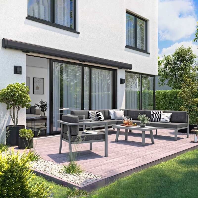 Elektrisches Markisenbanner mit LED und integrierter Box 5 x 3 m