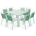 Quadratischer Gartentisch 120 x 120 cm und 8 Stühle mit Armlehnen aus Metall 