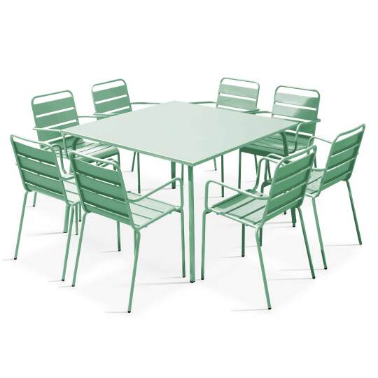Quadratgartentisch + 8 Stühle mit Metallarmlehnen | Oviala