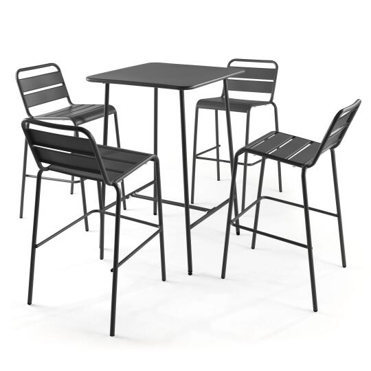 Hochbar-Tisch 70 cm x 70 cm und 4 hohe Metallstühle