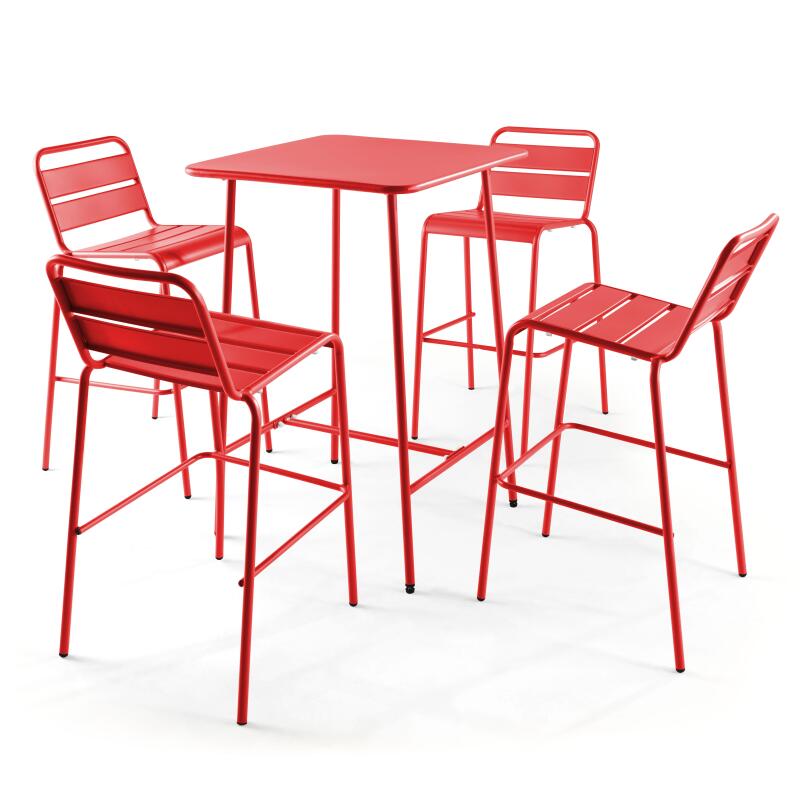 Hochbar-Tisch 70 cm x 70 cm und 4 hohe Metallstühle