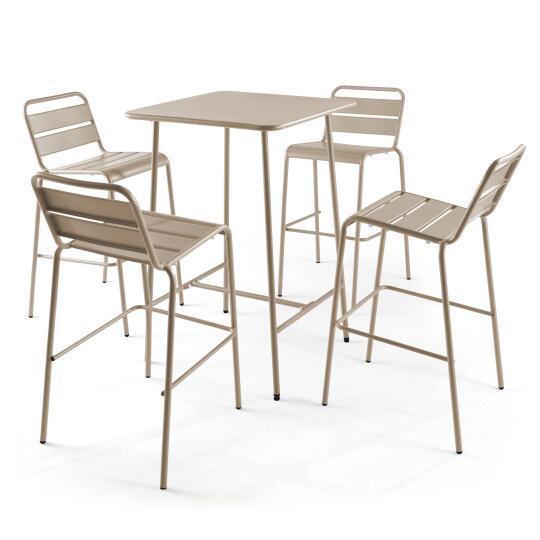 Garten-Hochtisch quadratisch, aus Metall, 70x70 cm, und 4 Hochstühle | Oviala