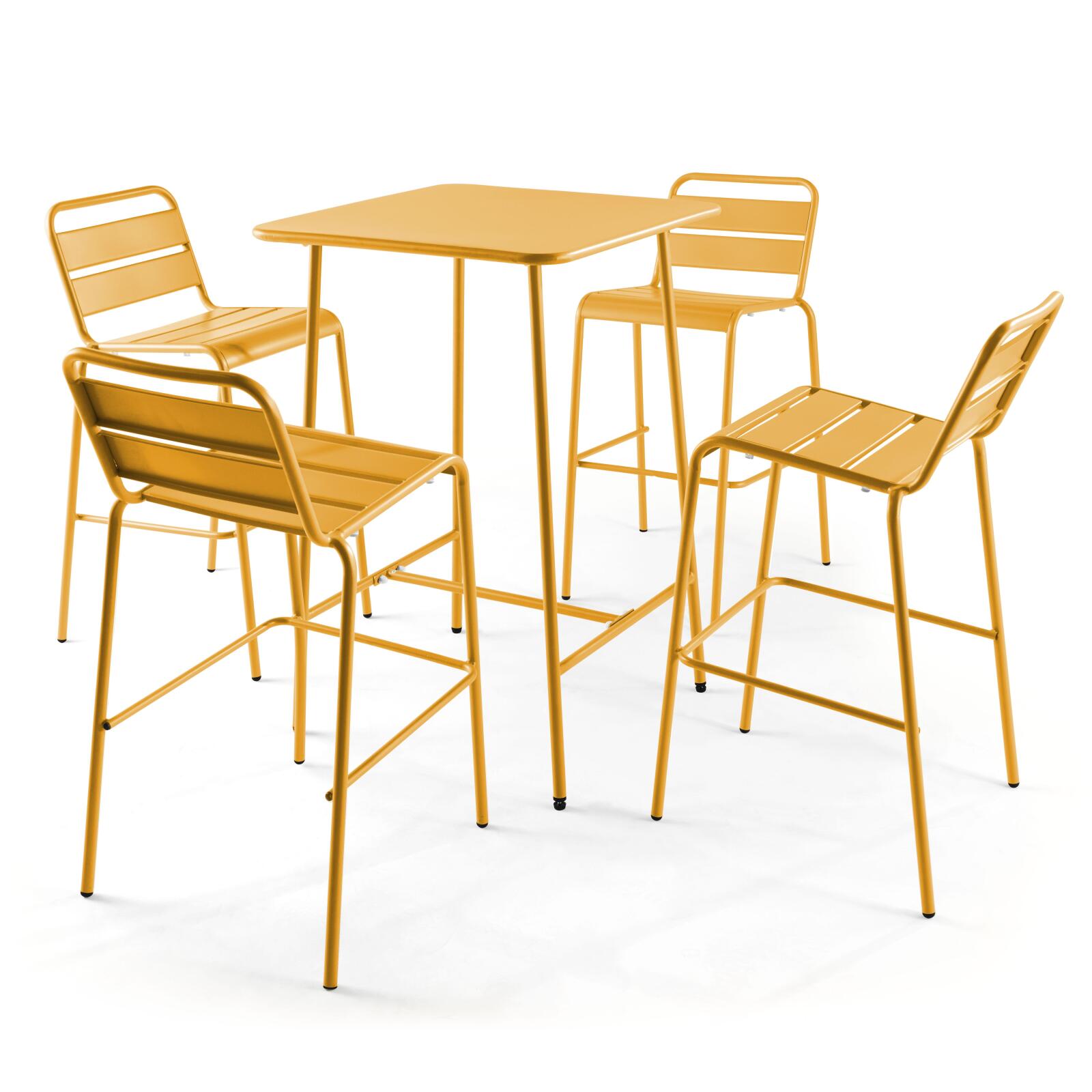 Hochbar-Tisch 70 cm x 70 cm und 4 hohe Metallstühle 