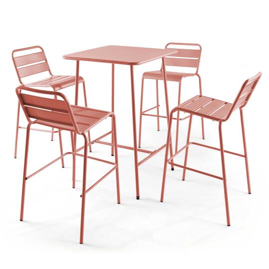 Hochbar-Tisch 70 cm x 70 cm und 4 hohe Metallstühle
