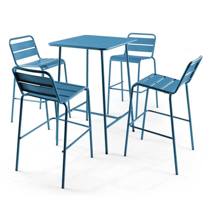 Hochbar-Tisch 70 cm x 70 cm und 4 hohe Metallstühle