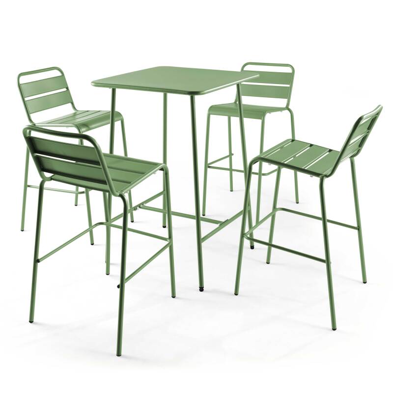 Hochbar-Tisch 70 cm x 70 cm und 4 hohe Metallstühle