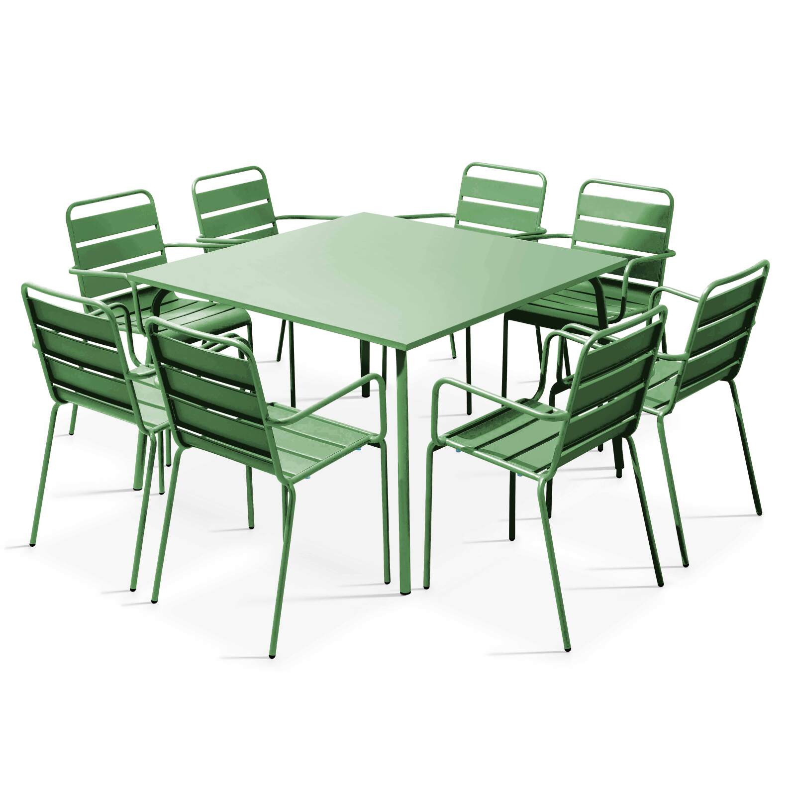 Quadratischer Gartentisch 120 x 120 cm und 8 Stühle mit Armlehnen aus Metall 