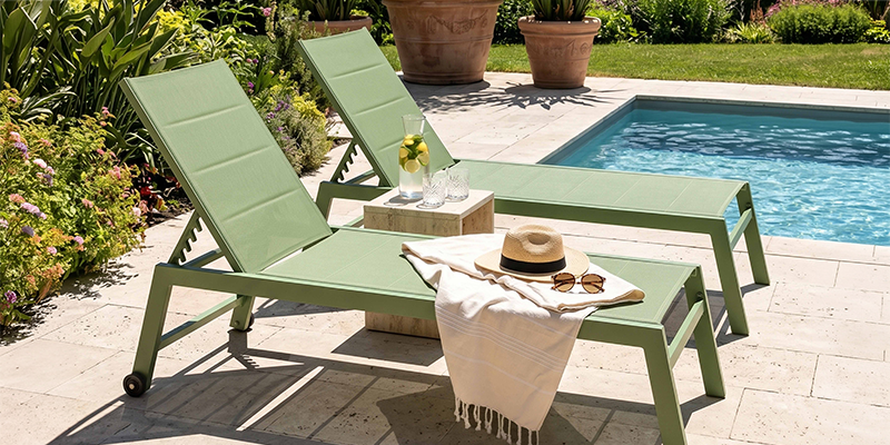 Aluminium-Sonnenliegen mit Holz-Beistelltisch am Poolrand
