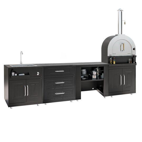 Outdoor-Küche aus Metall mit Outdoor-Spüle, Pizzaofen und Stauraum – 4 Module | Oviala