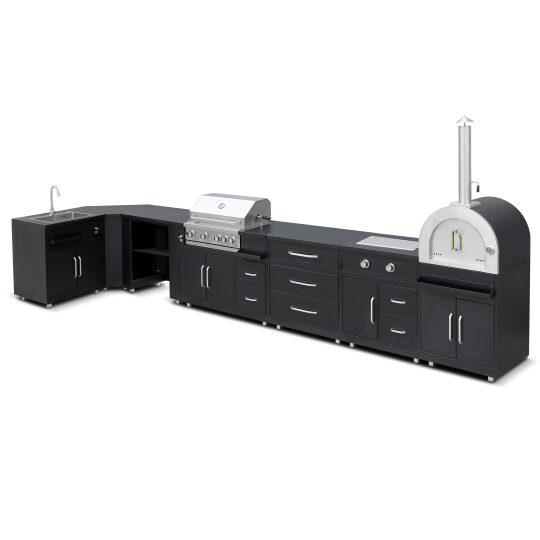 Outdoor-Küche aus Metall in Eckform mit Outdoor-Spüle, Pizzaofen, Gasherd, Grill und Stauraum – 7 Module | Oviala