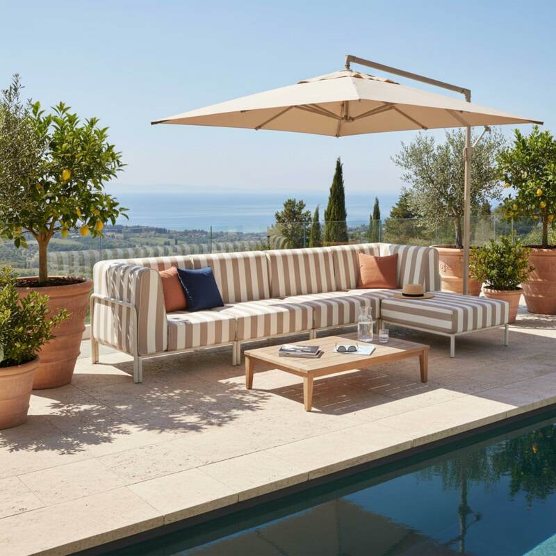 Modulare Gartenmöbel für 5 Personen bestehend aus 2 Sesseln, 2 Ecksesseln und 1 Sitzsack im gestreiften Design (2/8)