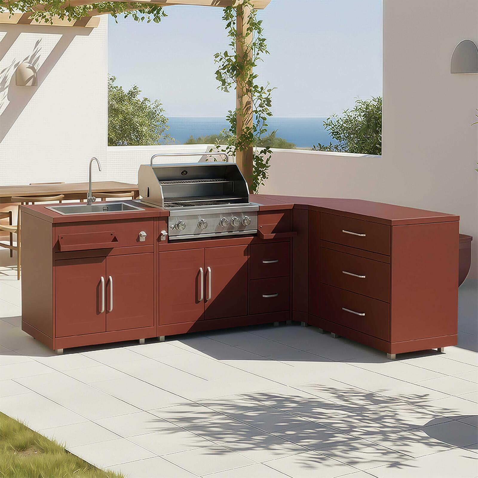 Outdoor-Küche aus Metall in Eckform mit Outdoor-Spüle, Grill und Stauraum – 4 Module