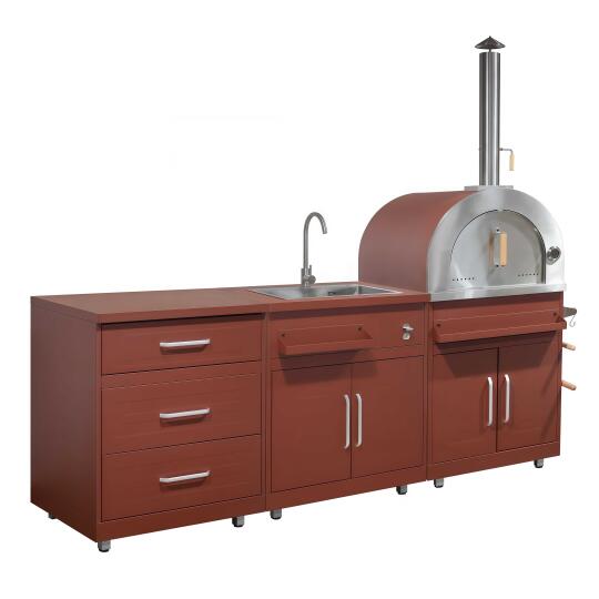 Outdoor-Küche aus Metall mit Outdoor-Spüle, Pizzaofen und Stauraum – 3 Module | Oviala